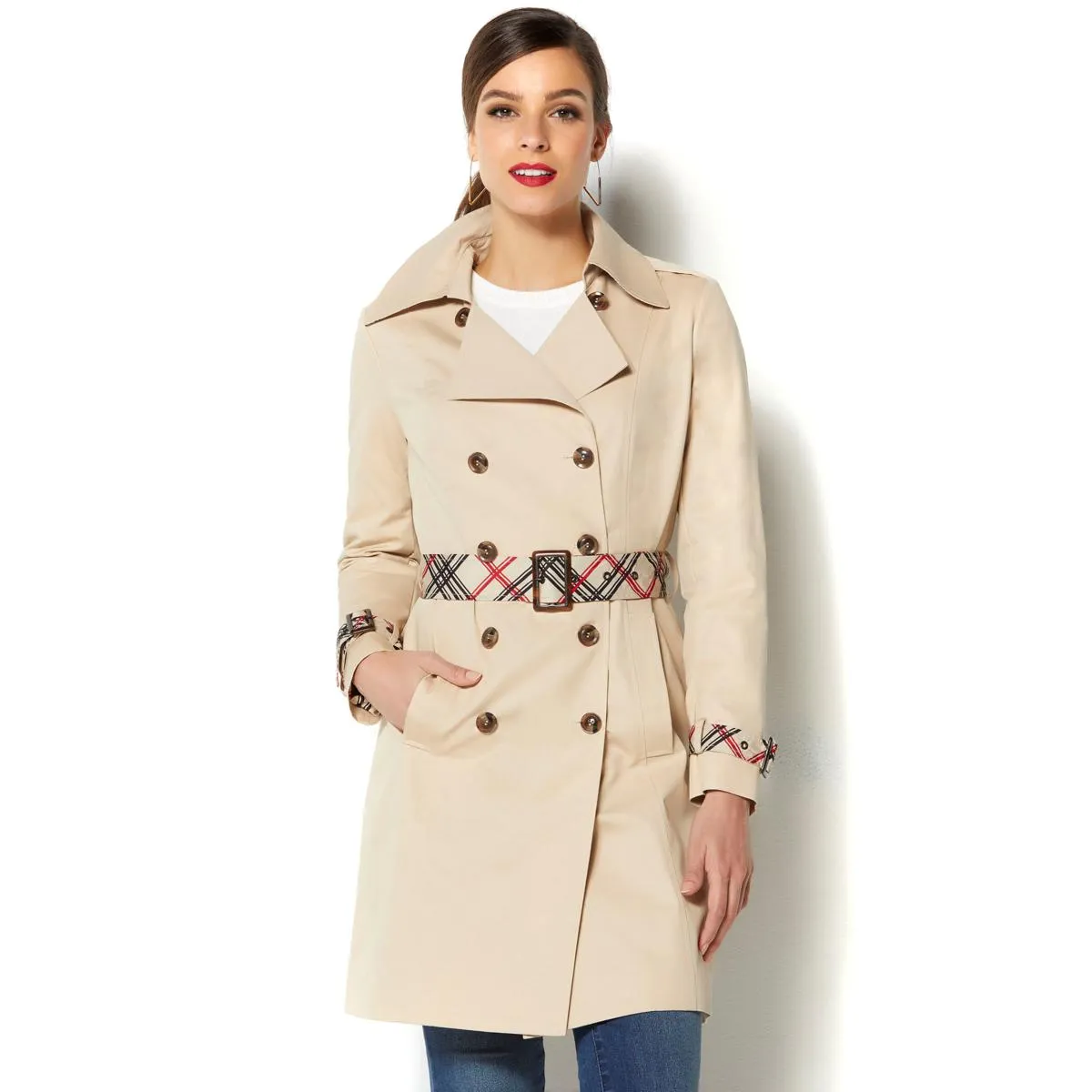 IMAN Global Chic All-Weather Pop of Plaid Luxe Trench Coat - XS, S & M