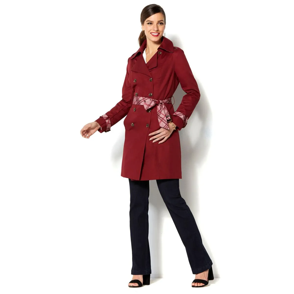 IMAN Global Chic All-Weather Pop of Plaid Luxe Trench Coat - XS, S & M