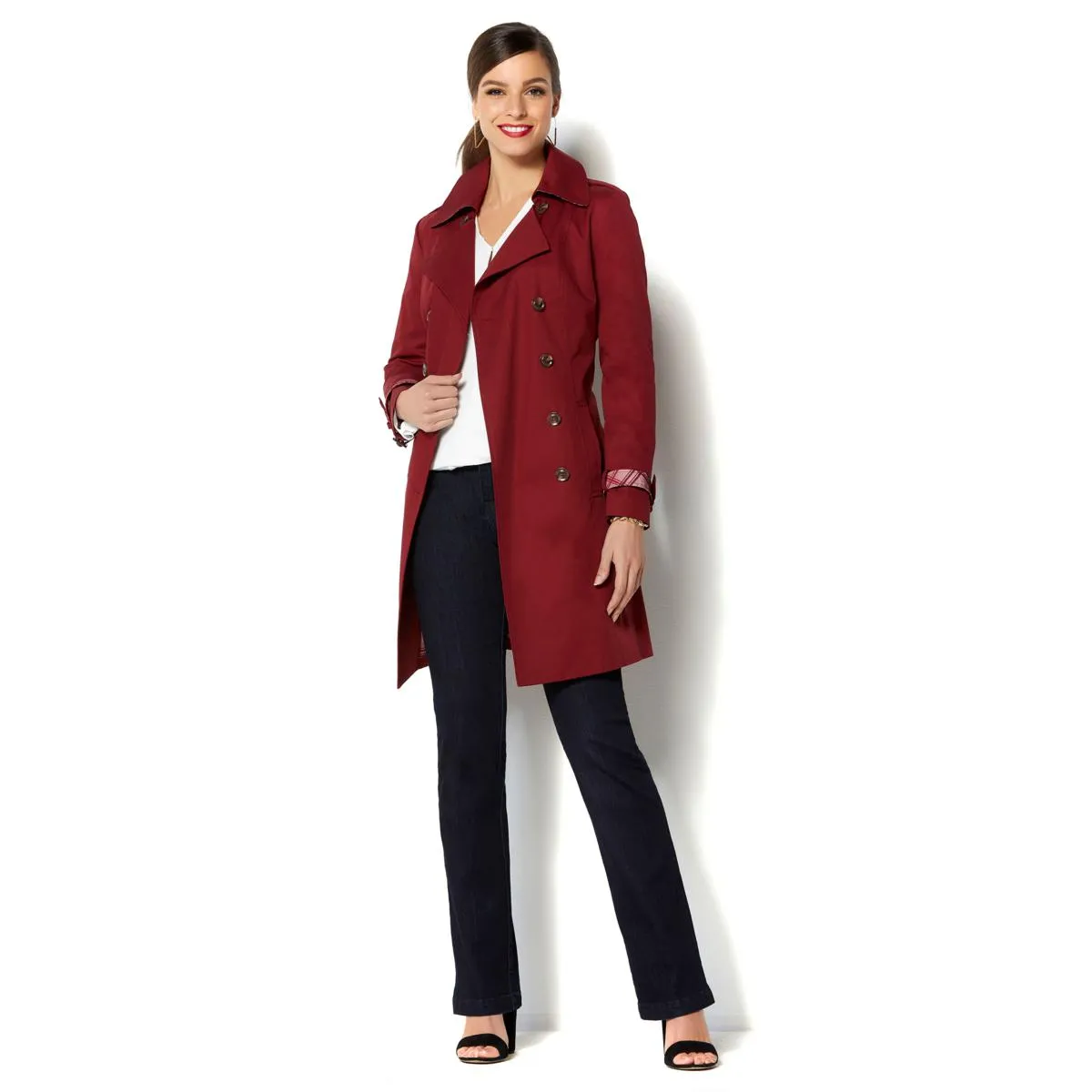 IMAN Global Chic All-Weather Pop of Plaid Luxe Trench Coat - XS, S & M