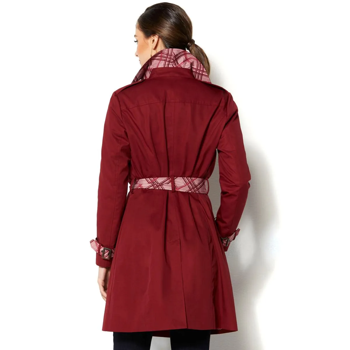 IMAN Global Chic All-Weather Pop of Plaid Luxe Trench Coat - XS, S & M