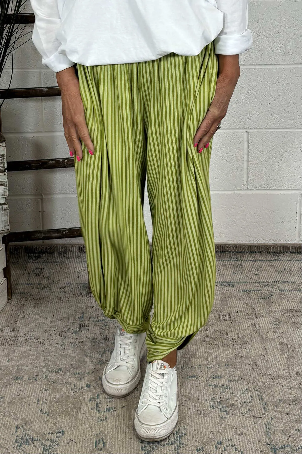 Jacinda Stripe Cotton Trousers Olive