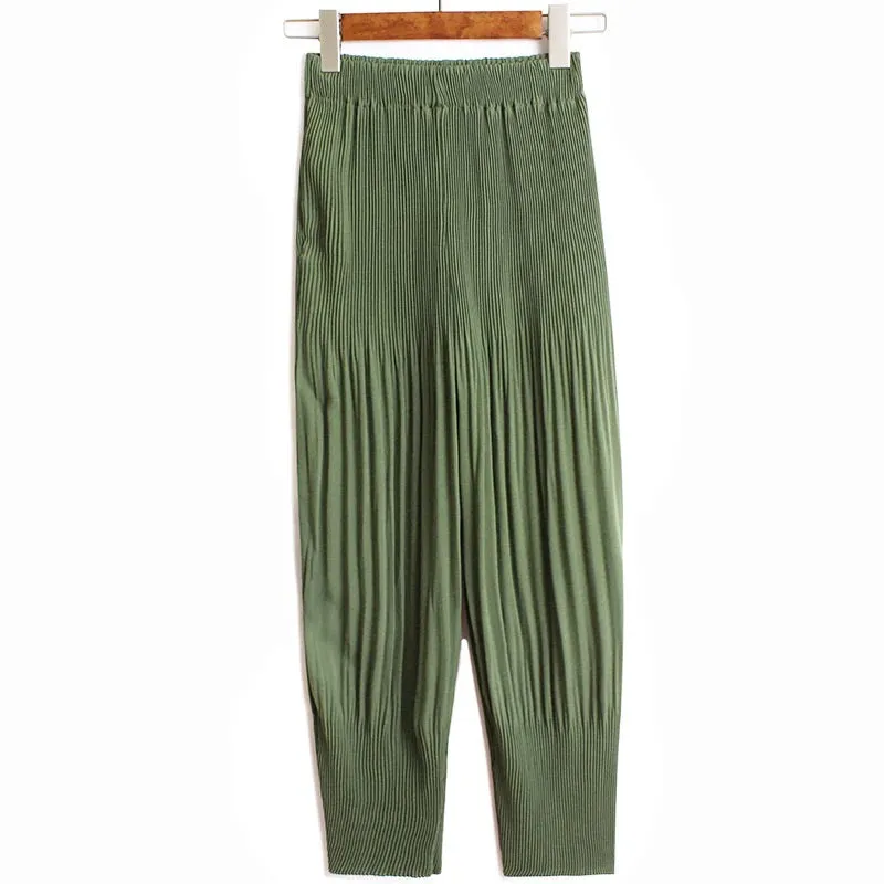 Pleated Casual Harem Pants Ankle Length Elastic Waist Green