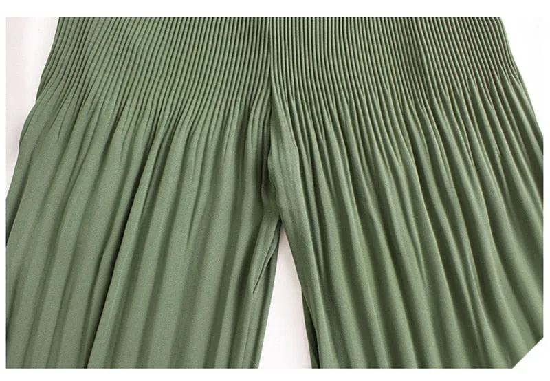 Pleated Casual Harem Pants Ankle Length Elastic Waist Green