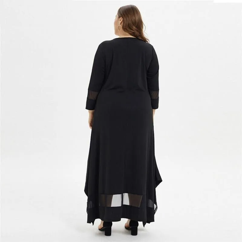Plus Size O-Neck Tunic Casual Long Sleeve Lace Black Mesh Maxi Dress