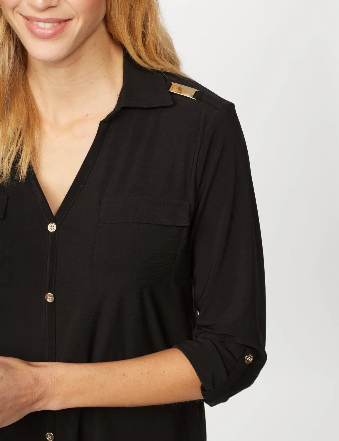 Roll Tab Sleeve Two Pocket Popover Top