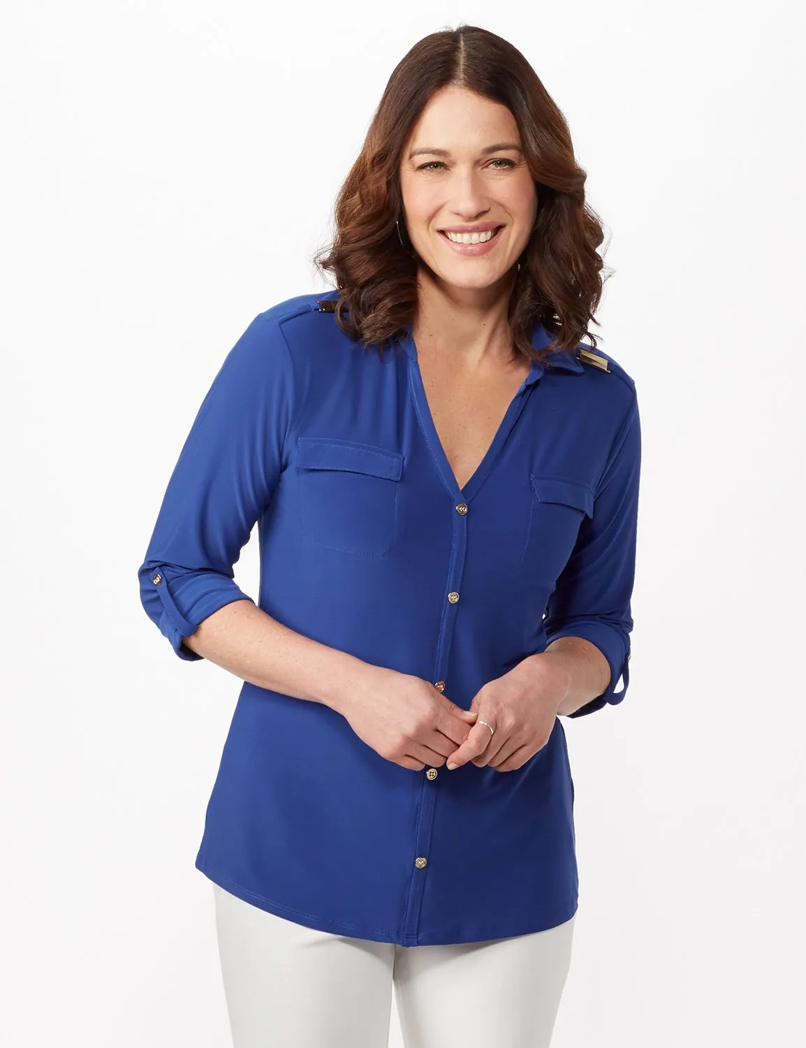 Roll Tab Sleeve Two Pocket Popover Top