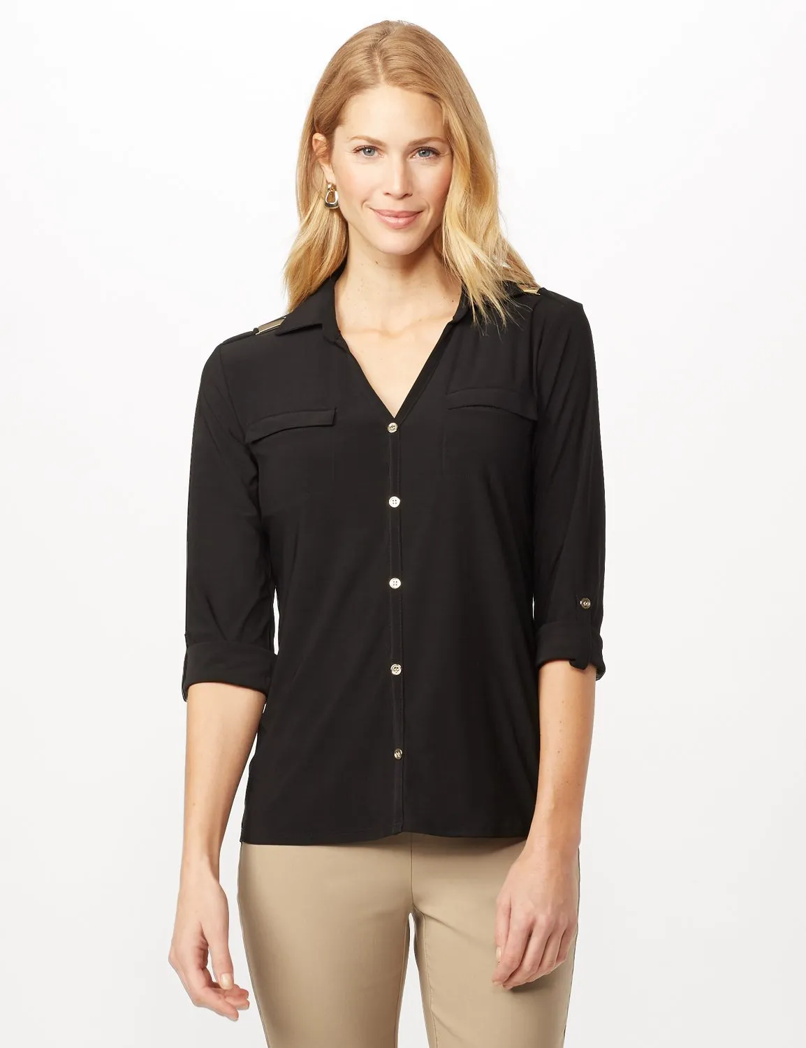Roll Tab Sleeve Two Pocket Popover Top