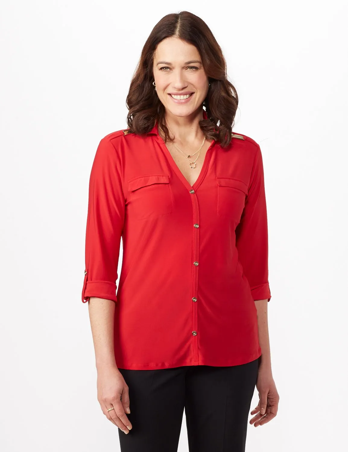 Roll Tab Sleeve Two Pocket Popover Top