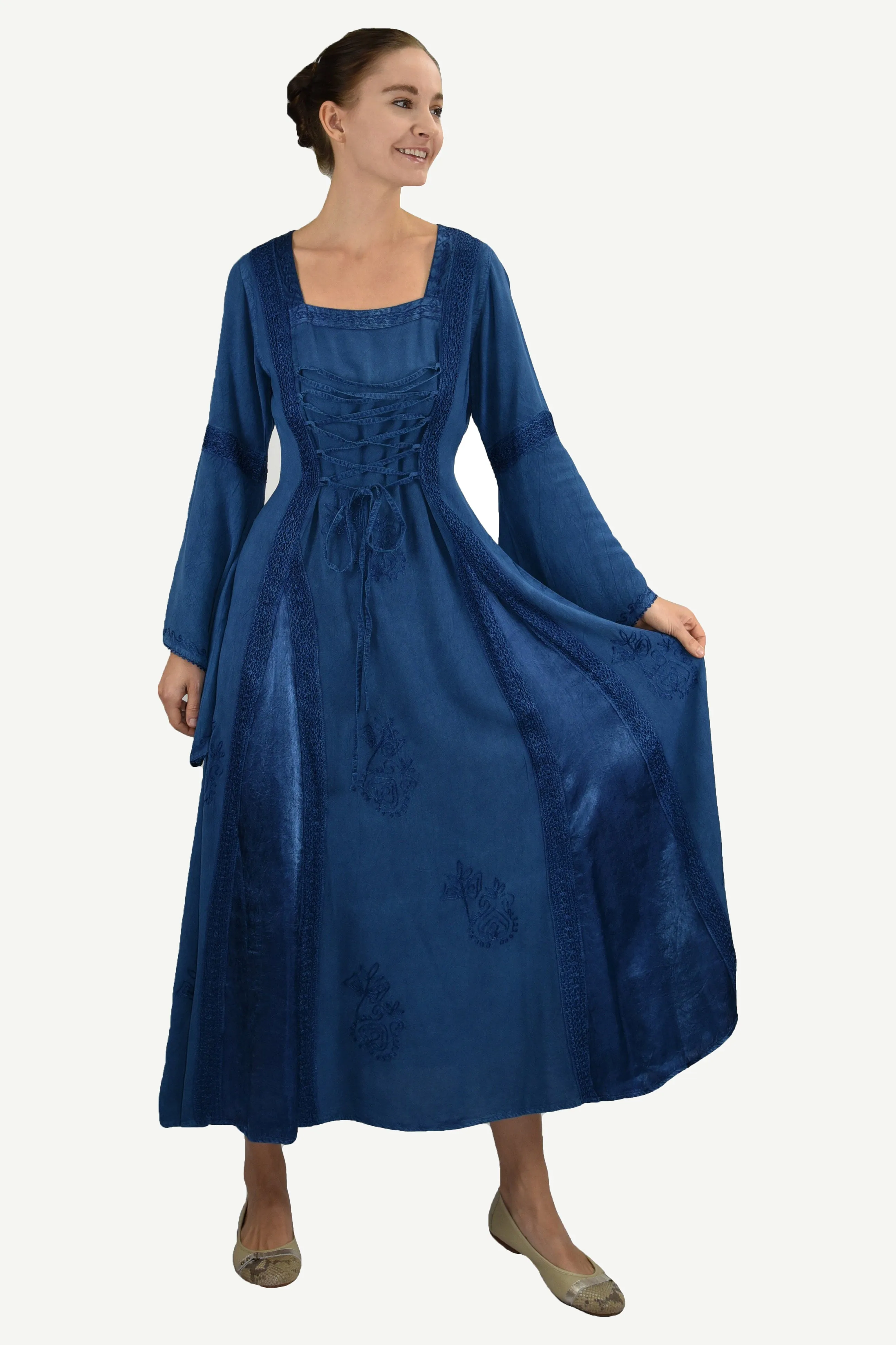 Roman Medieval Corset Satin Embroidered Bell Sleeve Dress 001