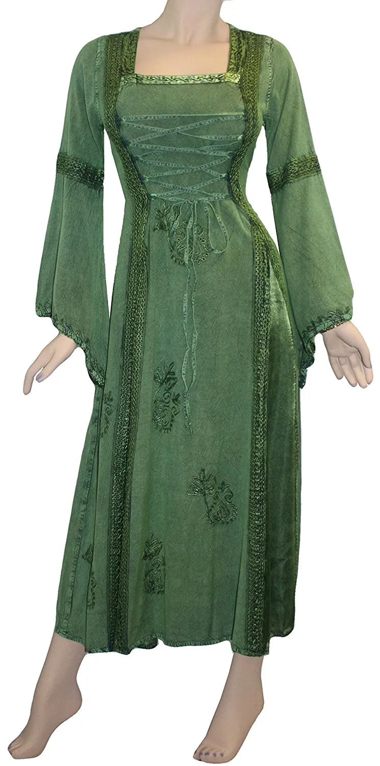 Roman Medieval Corset Satin Embroidered Bell Sleeve Dress 001