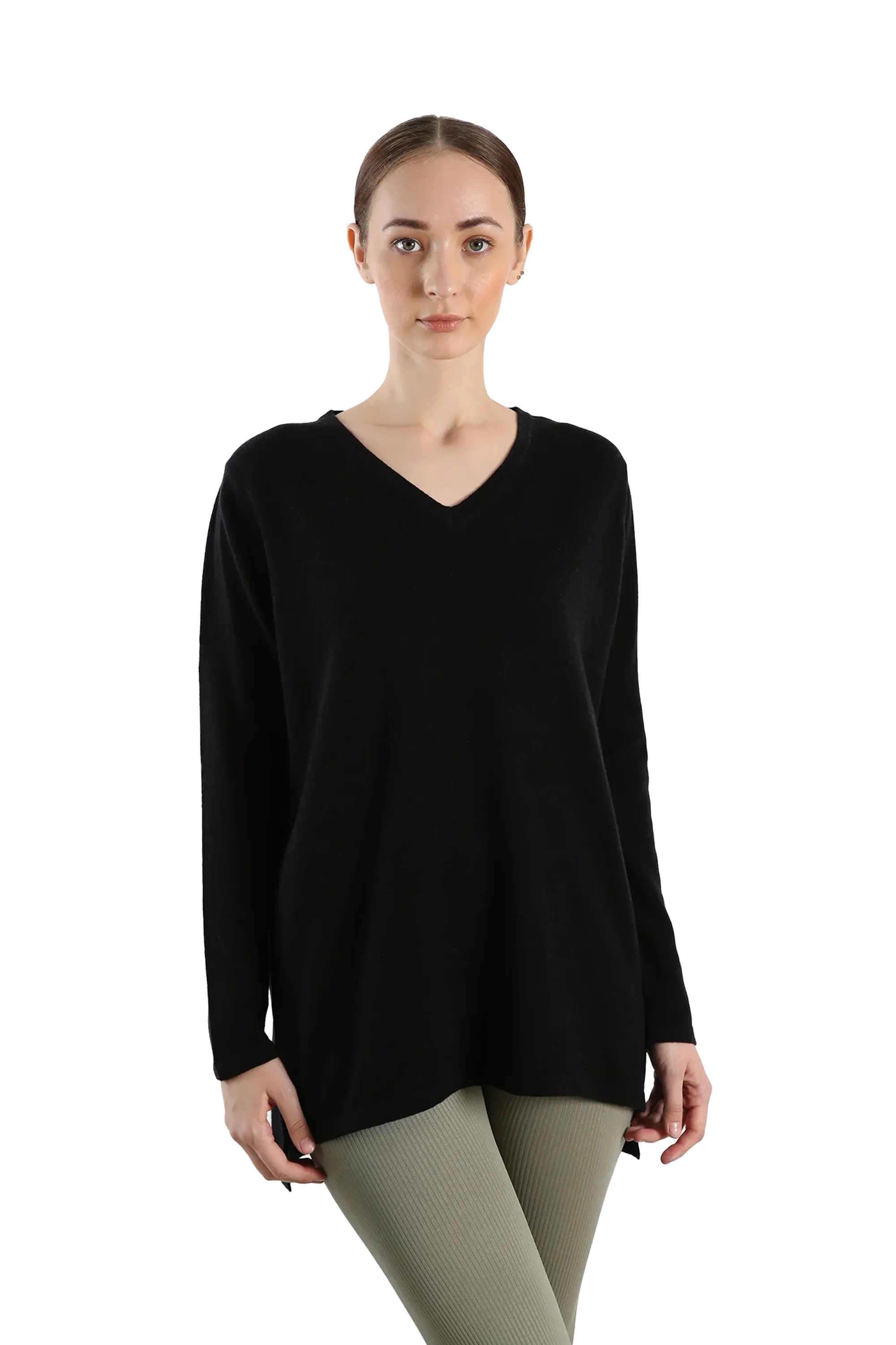V neck Pure Cashmere Sweater - Black