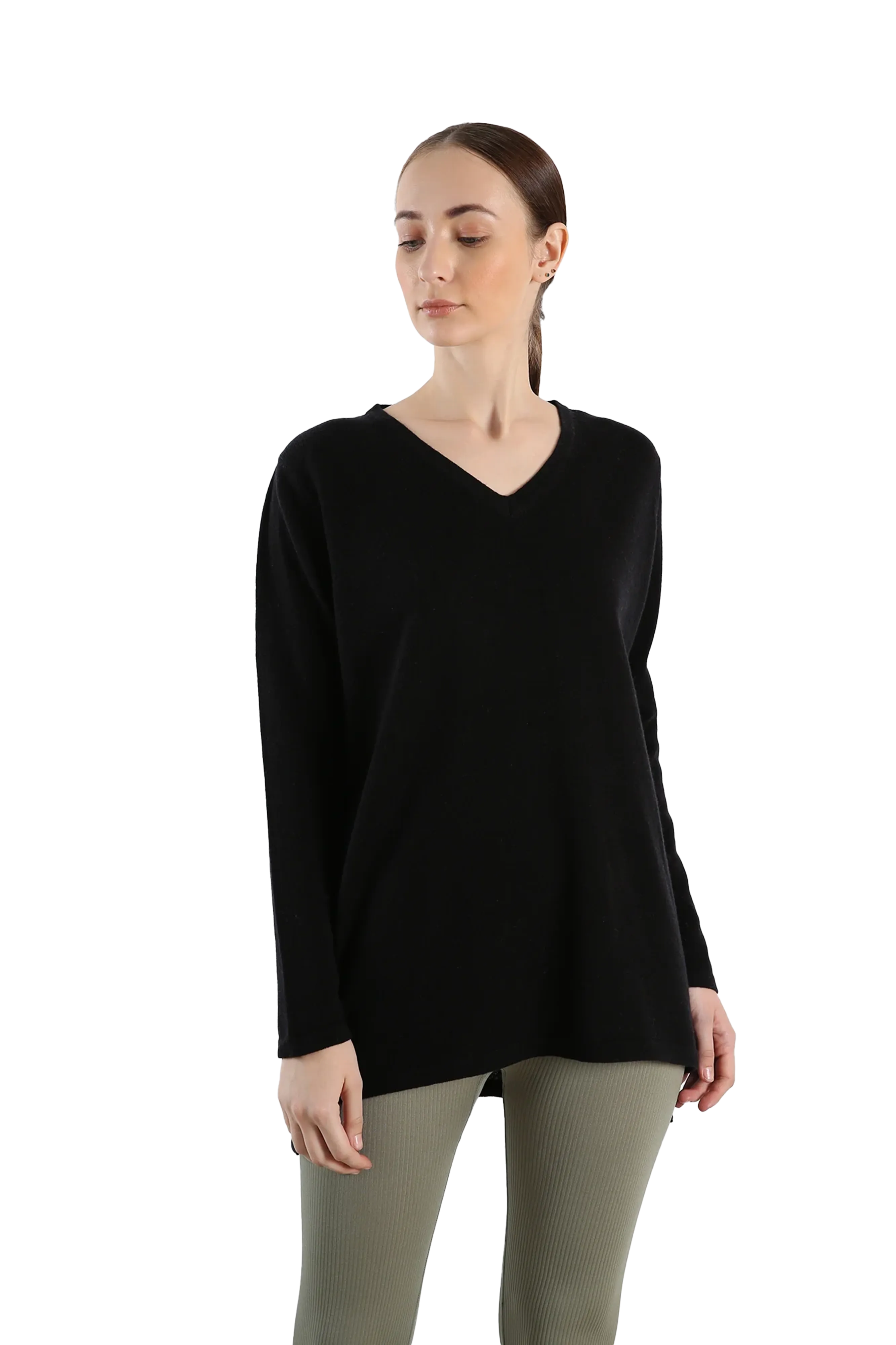 V neck Pure Cashmere Sweater - Black